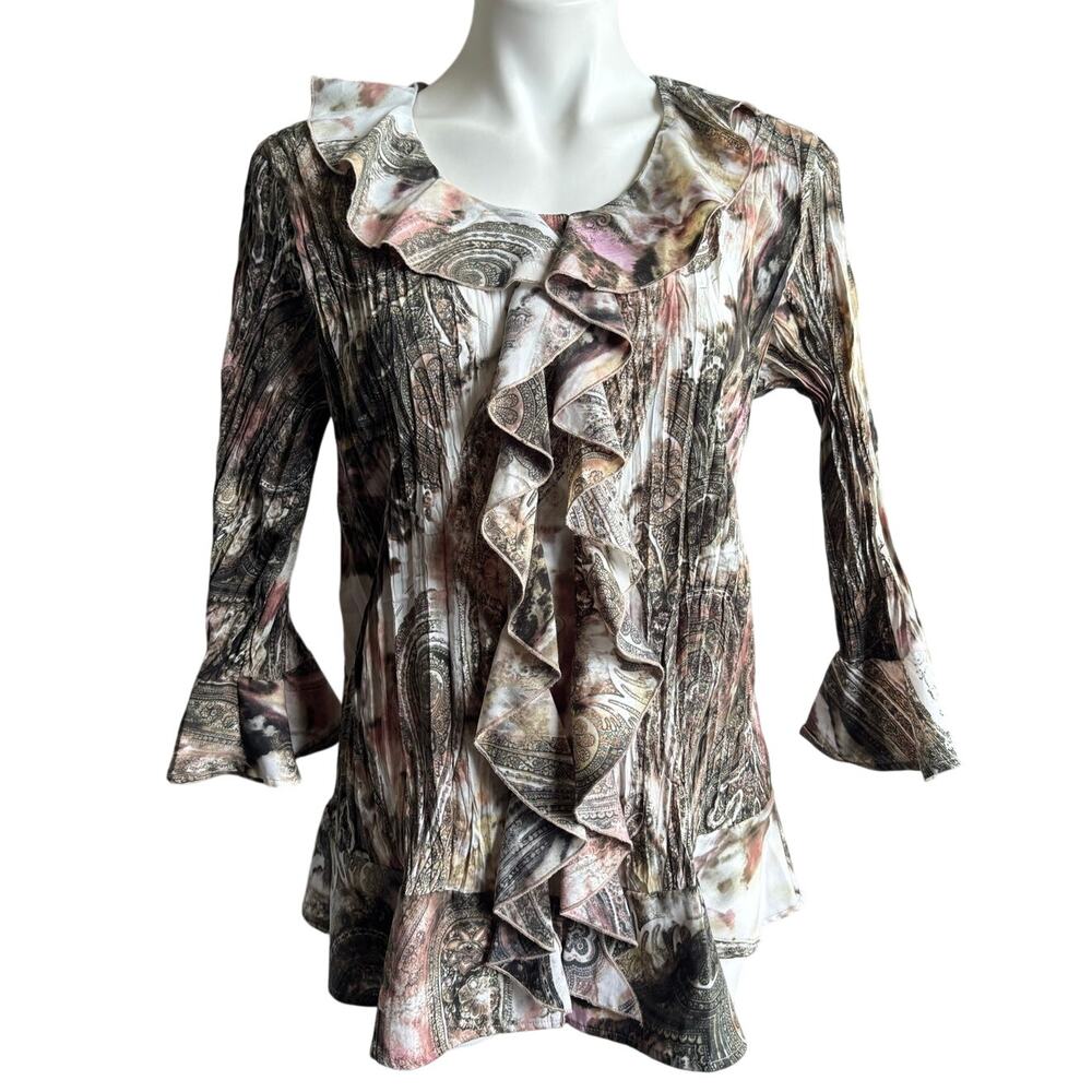 Bohemian Paisley Ruffle Front Blouse XL Crinkle Bell Sleeve Earthy Soft Boho